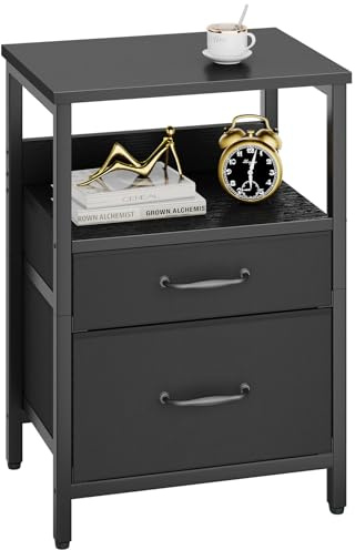 YMYNY Sängbord, sängskåp i sovrum med 2 tyglådor, öppen hyllenhet, metallram, modern, nattduksbord, slutbord, byrå, förvaringsenhet för sovrum, vardagsrum, svart HST011B