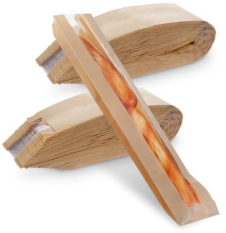 JOUTYFOR 100 bolsas de papel para pan con ventana para bolsas de pan caseras, bolsas de baguette, bolsas de almacenamiento de pan kraft marrón, bolsas largas de pan francés, embalaje de galletas de