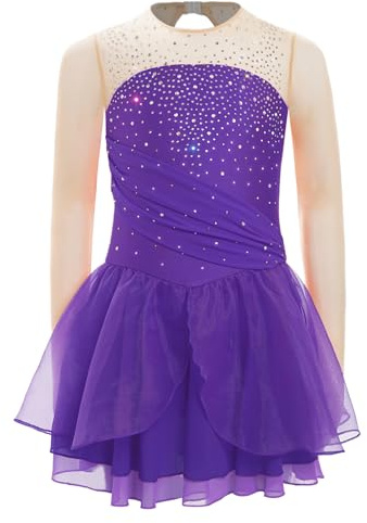 Agoky Mädchen Langarm Eiskunstlauf Kleid Glitzer Tanzkleid Mesh Spleiß Leotard mit Tutu Rock und Slip Dancewear Violett 158-164