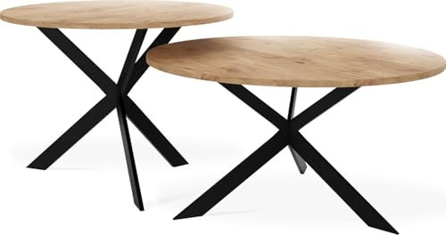 WFL GROUP Couchtisch Set Lev, 2er Beistelltisch Rund (Ø75/58 cm), Wohnzimmertisch Industrial, Satztisch mit Metallgestell Schwarz, Kaffeetisch Modern - Lancelot Eiche