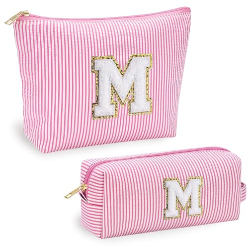 Jersries Personalisierte Kosmetiktasche Mädchen 2PCS - A-Z Buchstaben Schminktasche Geschenke für Mädchen Teenager Frauen Geburtstagsgeschenke für Freundinen Schwestern (Pink, M)