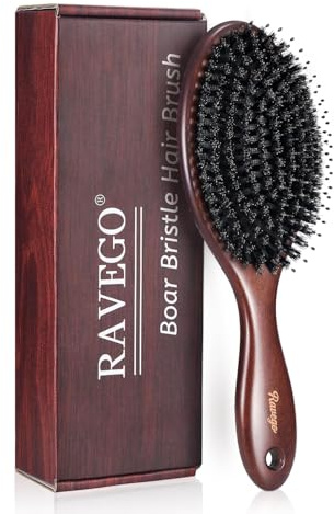 RAVEGO Brosse à cheveux, brosse en poils de sanglier avec picots en nylon pour femmes, hommes et enfants pour démêler et coiffer, brosse démêlante professionnelle pour types de cheveux