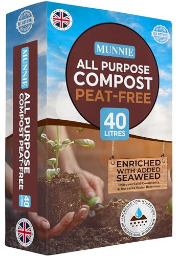 Munnie 40L Peat-Free All-Purpose Compost - Bio & Wood Fiber Peat Free Compost for Outdoor Plants, Vegetables, Seed Starting - Organic Multipurpose Potting Soil, Enriched w/Seaweed & Volcanic Dust