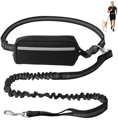 Hands-Free Dog Lead for Medium and Large Breeds Bungee Leash Adjustable Waist Belt with Zipper Pouch Reflective Stitches for Running Walking Jogging Hiking (For 1 Dog)