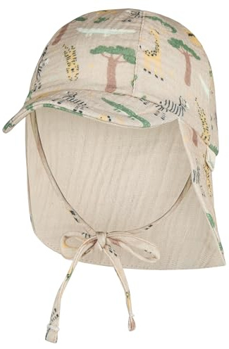Sterntaler Schirmmütze Nackenschutz Safari – Leichte Kindermütze aus Bio-Baumwoll-Musselin mit Bindeband, Innenfutter und Safari-Motiv, UV-Schutz 50+