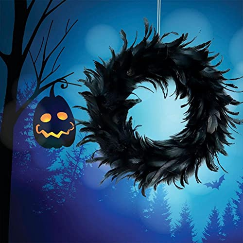 Gonetre Halloween Federkranz Schwarzer Feder Türkranz Elegantes Gruseliges für Halloween Party Innenkunst Im Freien Dekoration Künstliche Feder 40 cm Durchmesser