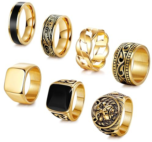 AFSITNIG 7Pcs Stainless Steel Vintage Signet Rings for Men Square Signet Rings Cuban Link Chain Ring Pinky Thumb Celtic Band Spinner Ring Gold Polished Edge Mens Ring Biker Rings Set,Size 10