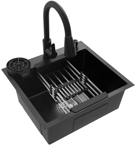 YIEMJS Fregadero de granito negro, 50 x 45 cm, con escurridor y juego completo, fregadero de cocina para armario bajo a partir de 40 cm, incluye ducha, rociador de vasos y dispensador de jabón