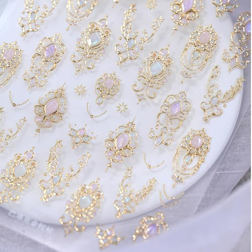 Floruvia 5D Erhabene Edelstein Nagelaufkleber, Goldene Nagelkunst Aufkleber mit Mace Design, Selbstklebende Maniküre Dekoration für Frauen Nägel