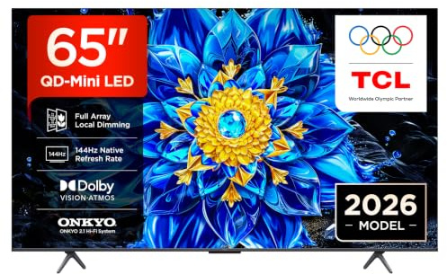 TCL 65P8L-UK 65 Inch QD-Mini LED 4K HDR Ultra HD TV, Smart Google TV (Dolby Vision, HDR10+ & Atmos, 144Hz VRR, FreeSync Premium, Onkyo 2.1 sound, Game Master, Voice Control, 2026 New Model)