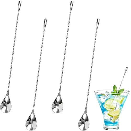 4 cucharas de bar, cuchara de cóctel de 30 cm, agitadores de bebidas, cucharas mezcladoras, acero inoxidable, diseño en espiral, fácil de limpiar en bares, oficina, hogar, para cócteles, bebidas, café