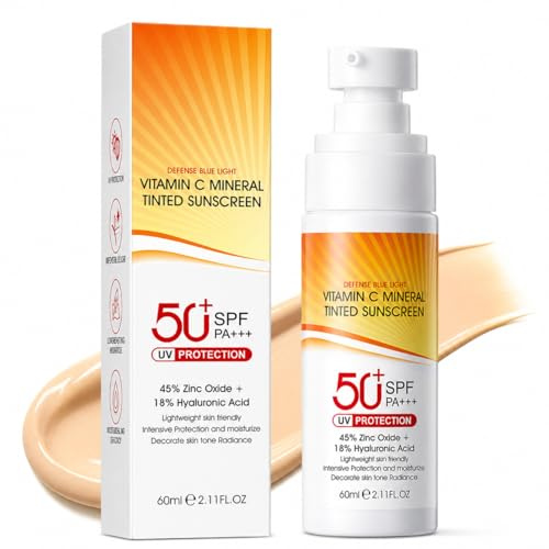 Tinted Sunscreen for Face with Vitamin C, SPF 50+ Mineral Sunscreen Cream for Face & Body, Hydrating Zinc Oxide Sunscreen for Daily UV Protection, Lightweight Tinted Moisturizer & Primer,No White Cast