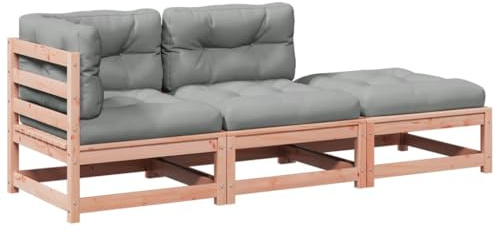 GeenYuu 3-TLG Garten-Sofagarnitur mit Kissen aus massivem Douglasienholz, wetterfestes Sitzgruppe Set für Terrasse Balkon und Garten, inklusive Hocker und Polster für komfortable Lounge im