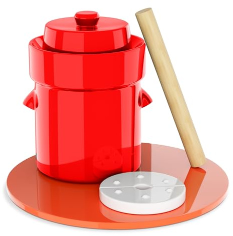 Humble House SAUERKROCK Gärtopf mit glasierten Gewichten und Kohl-Tamper – 2 Liter (0.5 Gallon) im deutschen Stil wasserversiegeltes Glas in Erbstück-Rot zum Fermentieren von Sauerkaut, Kimchi