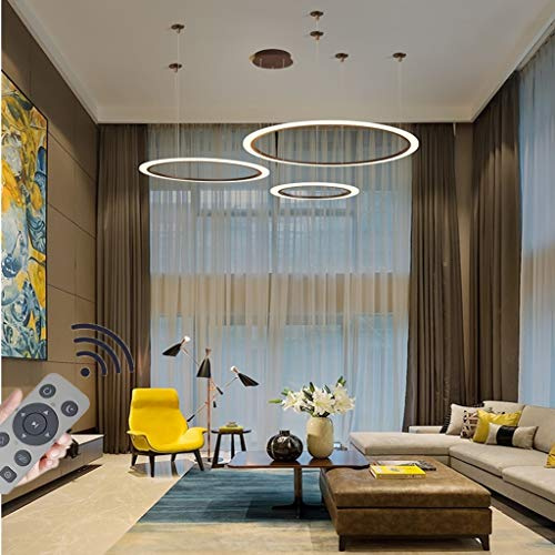 JIAODIE LED Pendelleuchte Kreativer Kreis Hängeleuchte Deckenleuchte Dimmbar Mit Fernbedienung Höhenverstellbar Schlafzimmer Hängelampe Wohnzimmer Kronleuchte Küche Kronleuchter,Braun,3ring50+70+90cm