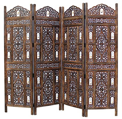 Room Divider Wood Screen - Ghanti Bells Antique Brown - 4 Panel Folding 72 x 80 - Assembled Hand Carved Decorative Functional Versatile Portable Partition Reversible Privacy Boho - COTTON CRAFT