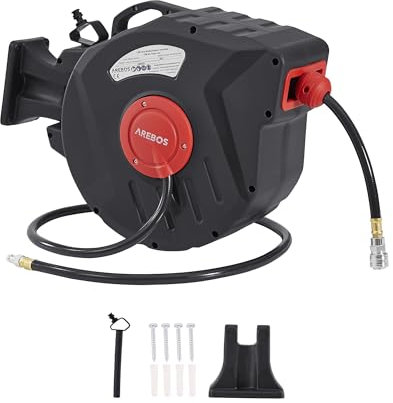 Arebos Compressed Air Hose Reel Automatic Hose Reel | 15 m | Wall Mount | 1/4 Inch Quick Coupling | UV Resistant | 180° Swivel | Includes Mounting Bracket