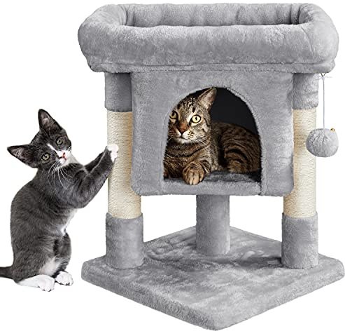 Yaheetech 59 cm Cat Tree for Indoor Cats with Scratching Posts, Light Grey | Cat Tower, Cosy Condo, Oversized Top Perch, Dangling Ball, 40.5 x 40.5cm Base, FSC-certified Wood, 2-Level