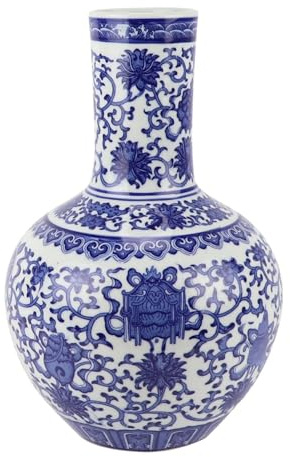 Fine Asianliving Vase Chinois Porcelaine Bleu Blanc Lotus D22xH34cm Chinois Vase avec Couvercle Asiatique Jingdezhen Mandarin Décorative