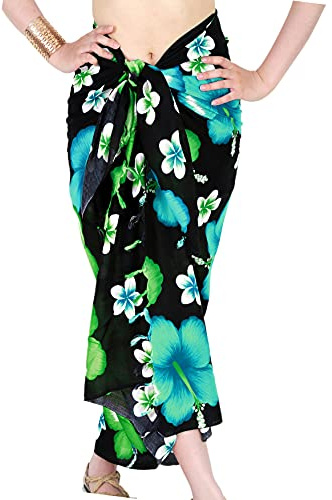CHAINUPON Pareo de playa para mujer, pareo largo, transparente, para cubrir el traje de baño, falda envolvente para bikini, Flor aguamarina turquesa negra