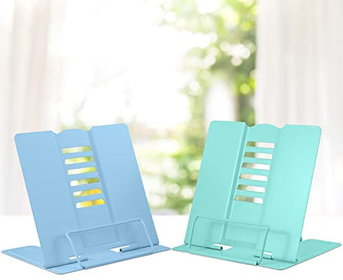 Support de Lecture Métal, 2 Pc Support de Livre de Cuisine Réglable, Pliable Porte-Livre pour Tablette, Recette, Manuel, Partitions, Tablature, iPad, Peinture de Livre Lecture(Bleu Clair & Vert Clair)
