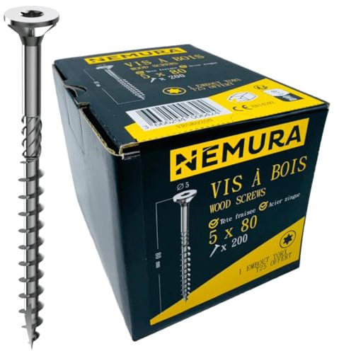 Nemura Lot de 200 Vis à Bois 5 x 80 mm - en Acier Zingué à Tête Fraisée - vis à bois Torx - Visses Spéciales pour Bois et Aggloméré- Haute Qualité Durable - Marque Francaise