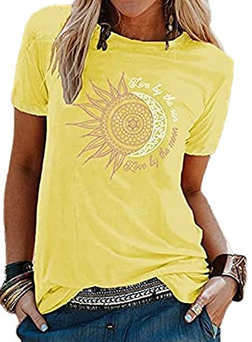 Camisetas Mujer Manga Corta,Verano Elegante Camisas Casual Suelta Algodon Camisa Cuello en O Redondo T Shirts con Estampado