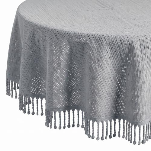 Tischdecke Outdoor Wetterfest Rund - Gartentischdecke Rund 140 cm Hellgrau | Rutschfest & UV-Beständig in 7 Farben mit Fransen - Weichschaum PVC Tischdecke Abwaschbar & Waschbar bei 30°C