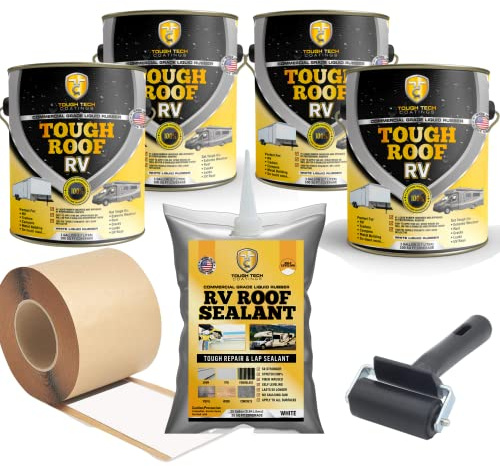 Tough Tech Coatings Roof RV Sealant Coating kit - Permanent RV Roof Waterproofing Kit - for All RVs, and Trailers Surfaces - 200 SQ FT Coverage - 87% Solar Reflective - 4 Gal Kit White