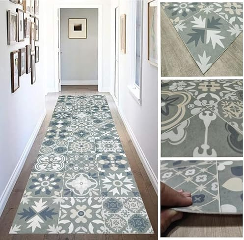 Tadi & Imperio1979 Alfombra Vinilo Hidráulica, de Baldosas Verdes con Azul, Oro y Platas, para Pasillo para salón, Cocina, Dormitorios o Moqueta Vinilo Hidráulica