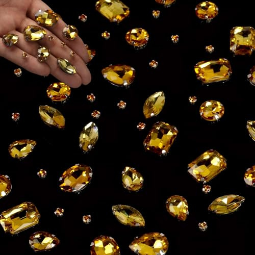 GEFIRE 186 Pcs Strasssteine zum Aufnähen 7 größen Schmucksteine Diamant | Glas Kristall Strass Kleidung Handgenähtes Diamant-Zubehör für DIY-Kleidung (gold)
