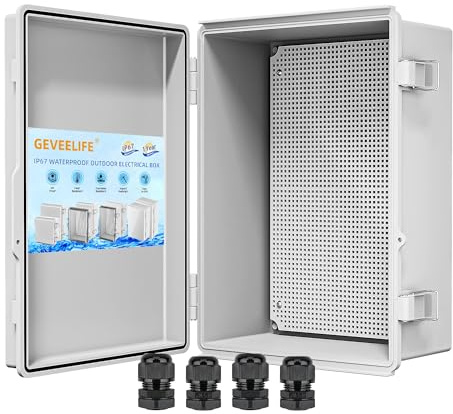 Waterproof Junction Box ABS Plastic, Outdoor Electrical Box IP67 Hinged Cover Project Box with Mounting Plate Wall Brackets and 2 Cable Glands, Grey Electrical Enclosure 13.8x9.8x5.9