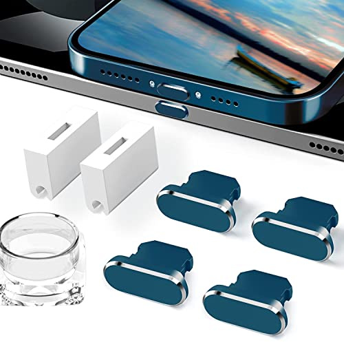 Fanoshon 4 Pack Anti Dust Plugs Pacific Blue Charging Port Cover Caps Compatible with iPhone 14 13 12 11 Plus Pro Max iPad Airpods, Dustproof, Wireless Charger & Phone Case Friendly, Anti Lost