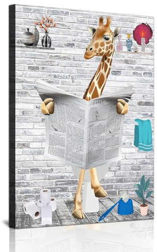 ZFTCN Lustige Zeitung Tier Wandkunst, Tier Wandbilder auf Toiletten, Schwarz-weiß Leinwand Bilder, Badezimmer Schlafzimmer Dekoration, Rahmenlos (Giraffe,50x70 cm)