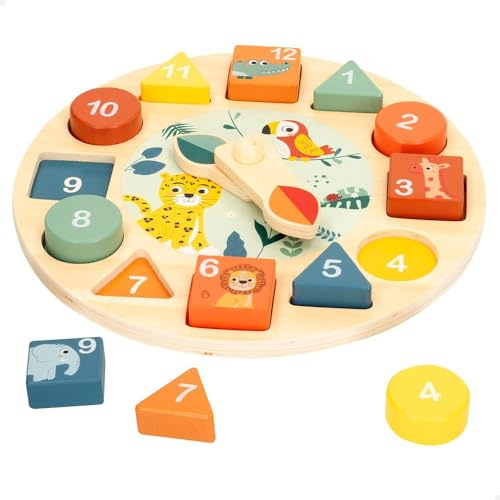 WOOMAX - Zookabee Holzuhr, 22 cm Durchmesser, Wildtiere, Pädagogische Uhren, Einsteckbar, Dschungel-Design, Lernspiel, Spielzeug Kinder 3 Jahre, Pädagogische Uhren, FSC (47571)