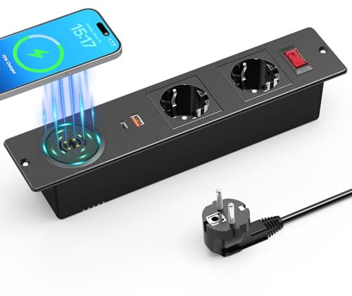 Presa da tavolo a 2 prese USB C 20 W, Airmom da incasso e caricatore wireless da 15 W, presa da tavolo da incasso con USB C nero e interruttore, cavo da 2 m