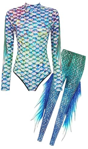 Aislor Damen Meerjungfrau Kostüm Langarm Badeanzug Schwimmanzug Fischschuppen Oberteil und Meerjungfrau Leggings Karneval Kostüm Badebekleidung