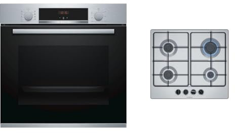 Bosch Elettrodomestici HBA534BS0 Forno Elettrico da Incasso 7 Programmi di Cottura in Acciaio Inox & Serie PGP6B5B85, Piano cottura a gas, Manopole a ponticello: controllo ergonomico, 4 fuochi