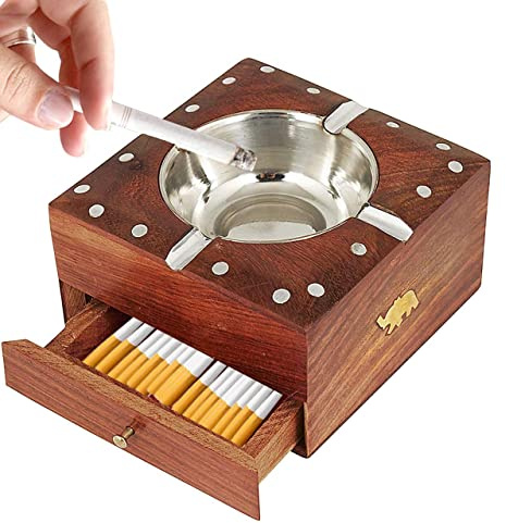 Cenicero de madera con cajón, cenicero de humo, cenicero de mesa, accesorio para puros para exterior e interior, con ranuras para cigarrillos