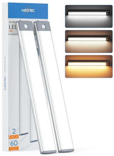HIBOITEC 60 LED garderob 3 färgtemperaturer steglös dimning, rörelsesensor skåplampor inomhus, uppladdningsbar batteridriven garderob för kök trappor hall (2-pack)