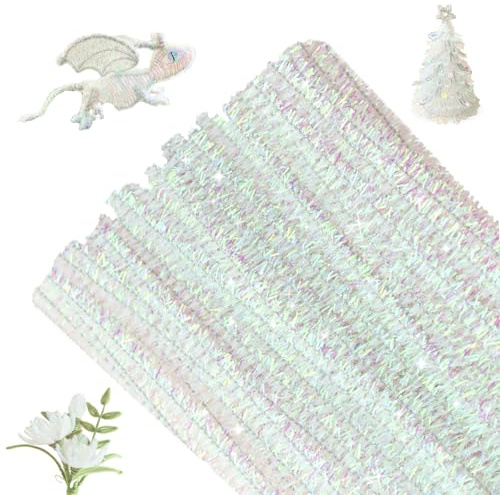 G2PLUS Weiß Glitzer Pfeifenreiniger Weihnachten 6 MM, 100 Stück Pfeifenputzer zum Basteln, 30CM Irisierende Chenilledraht, Lang für Basteln, Weihnachtsdeko, DIY