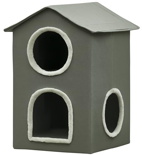 PawHut Casa para Gatos Cama para Gatos Cueva para Gatos con 3 Puertas y Cojín Lavable 42x46x59,5 cm Gris
