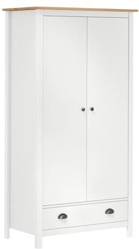 Hommdiy Kleiderschrank mit 2 Türen Hill Schlafzimmer Schrank mit Kleiderbügel Massivholz Kiefer Weiß und braun 89x50x170cm