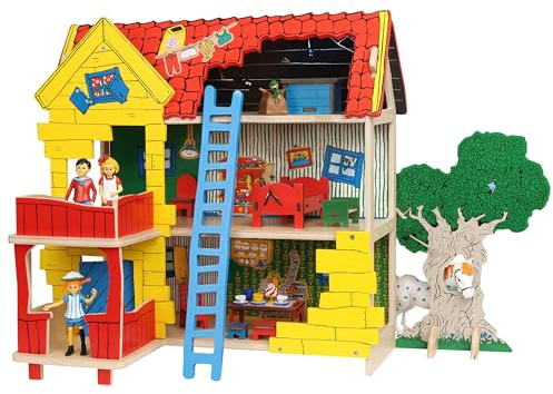 Pippi Langstrumpf Puppenhaus Bausatz aus Holz – 2-stöckiges Miniatur Haus – Spielzeug für Mädchen und Jungen ab 4 Jahre – schöner & hochwertiger Dollhouse Bausatz (Villa Kunterbunt)