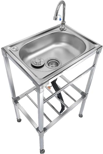 Freistehende Spüle Einzelbecken Edelstahl Ausgussbecken Mobile Waschtisch | Gewerbliche Spülbecken Küchenspüle mit 360° Drehbare Wasserhahn für Außen Garten/Waschküche/Garage/Hinterhof