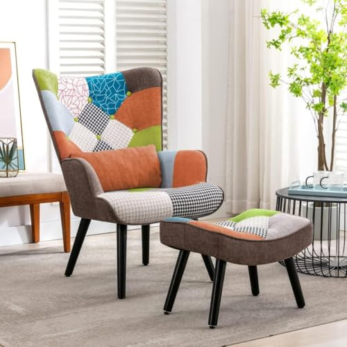 HomeMiYN Poltrona Patchwork con Poggiapiedi e Cuscino Lombare Orange