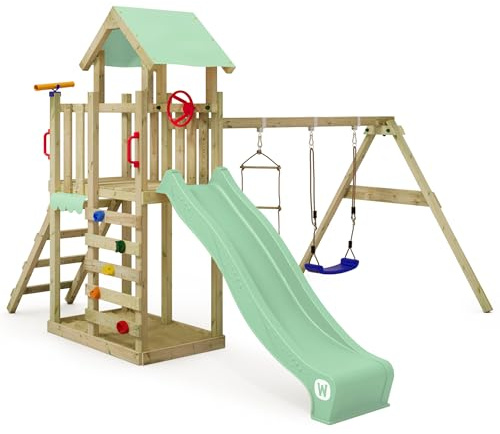 Wickey Aire de Jeux MultiFlyer Light, portique en Bois avec balançoire et Toboggan, Tour d'escalade pour Enfants avec bac à Sable, échelle et Accessoires de Jeu pour Le Jardin (Vert Pastel)