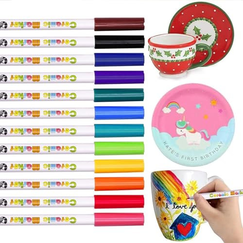 Ronoza Porzellanstifte Spülmaschinenfest 12 Farben, Keramik Bemalen Set, Glasmalstifte Spülmaschinenfest, Gläser Bemalen, Keramik Stifte, Keramikstift, Keramikmarker für Plastik, Steine, Glas, Papier