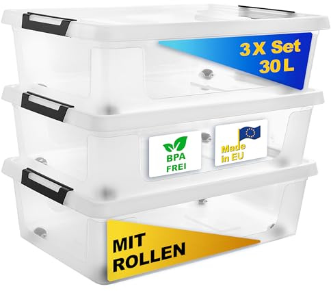 Gardissimo 3er Set Aufbewahrungsbox Clip 30 Liter, Transparent | Mit Deckel und Rollen, Kunststoff Stapelboxen, Clip-Verschluss, BPA-frei, Made in Europe