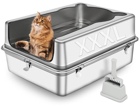 Bartuke Extra stor kattsandlåda i rostfritt stål, XXXL 70 x 50 x 30 CM halvsluten avtagbar metall kattlåda med högsidigt hölje, skopa, anti-läckage, icke-klibbig, lätt att rengöra